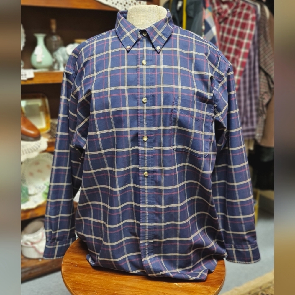 Navy Tattersall St. John's Bay Cotton Dress Shirt size Large
